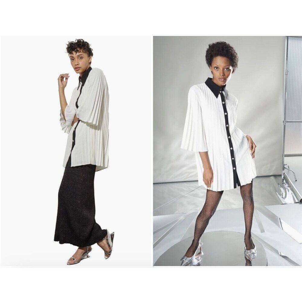 NEW Ming Wang Mini Pleated Shift Dress Contrast Trim Crepe de Chine White Medium - Picture 3 of 6